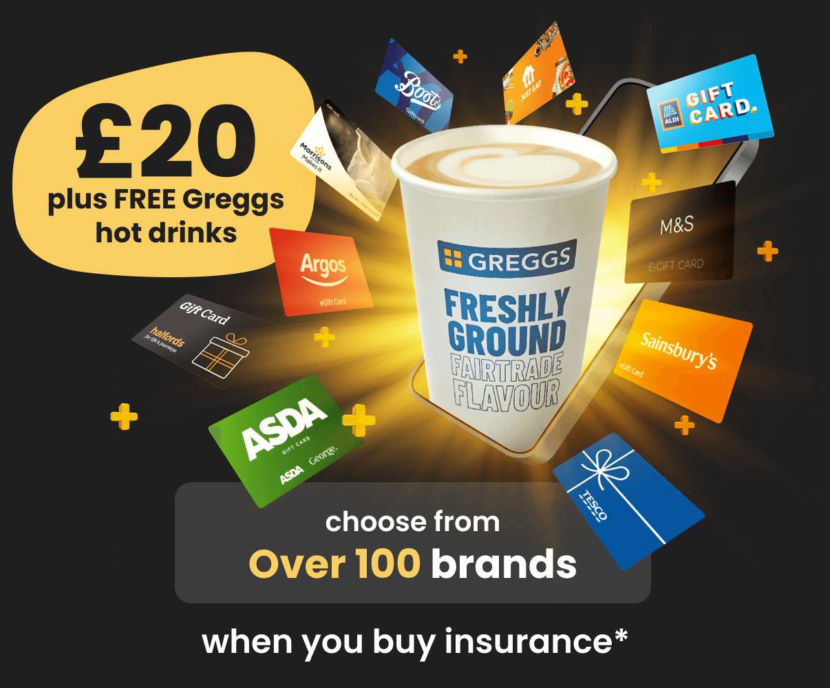 Rewards image with rewards partner images. Get a £20 gift card plus free hot drinks when you buy car, van or home insurance with confused.com